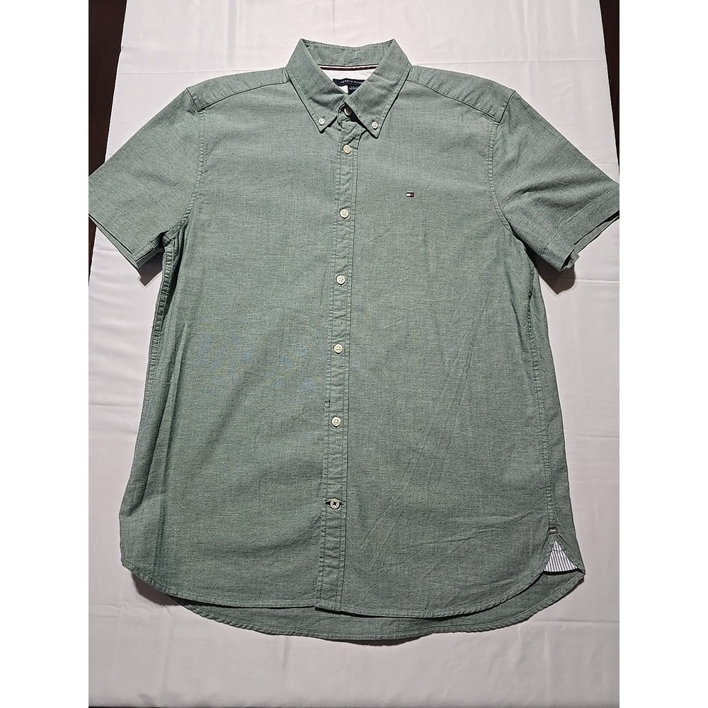 Tommy Hilfiger Men‎ Large Green Cotton Short Sleeve Button Down Shirt